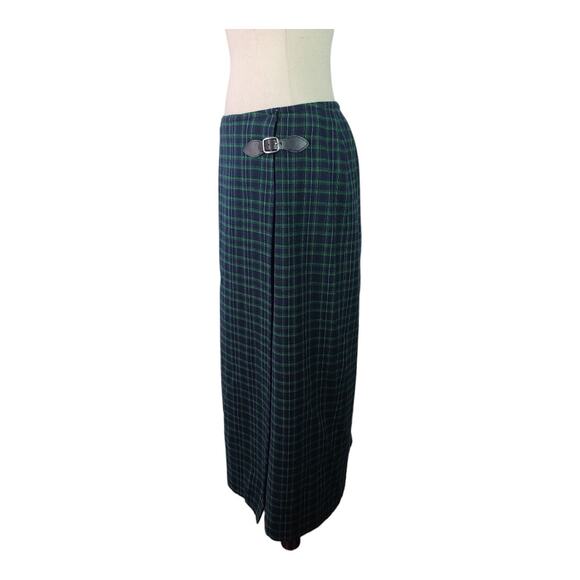 Liz Claiborne Green Blue Plaid Wool Blend Wrap Style Vintage Maxi Skirt Medium - Picture 2 of 5